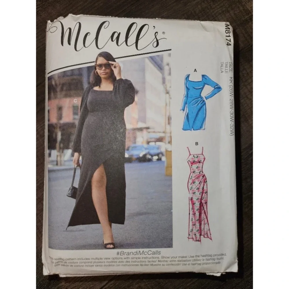 McCalls M8174 Knit Dress Sewing Pattern Faux Wrap Side Drape Sizes 26-32W Uncut